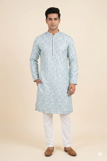 Sky Blue Floral Print Men’S Kurta