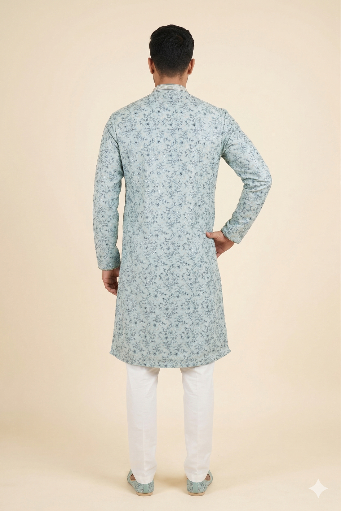 Sky Blue Floral Print Men’S Kurta