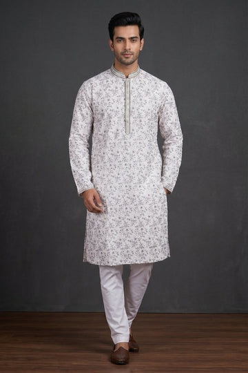 Ivory Grey Floral Jacquard Men’S Kurta