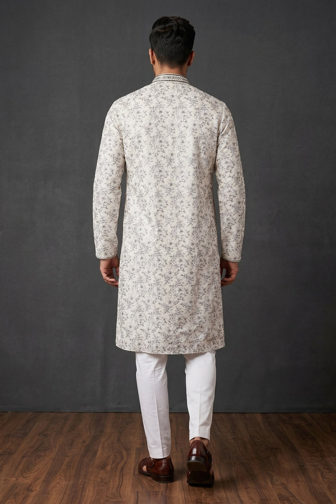 Ivory Grey Floral Jacquard Men’S Kurta