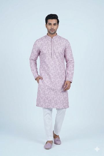 Pastel Lavender Floral Print Men’S Kurta