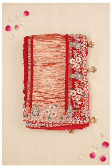 Exquisite Red And Peach Georgette Saree With Handcrafted Peacock And Floral Embroidery