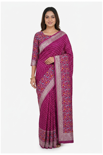 Wine Bandhni Art Gajji Silk Wedding Party Wear Saree