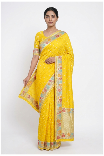 Golden Yellow Bandhni Art Silk Gajji Wedding Party Wear Saree