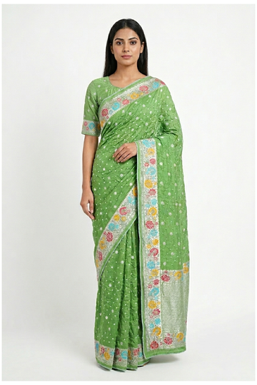 Pistachio Green Bandhni Art Silk Wedding & Party Wear Saree