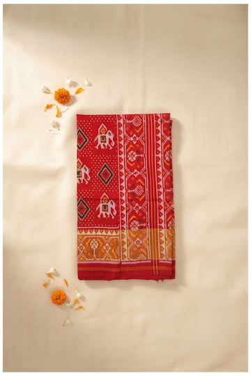 Premium Pure Silk Patola Inspired Red Saree With Traditional Elephant Motifs