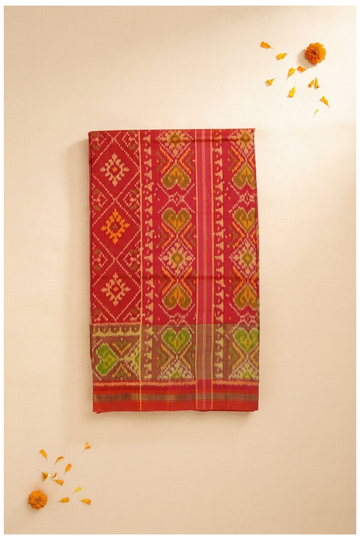 Premium Pure Silk Patola Inspired Red Saree With Traditional Diamond Butti Weaving