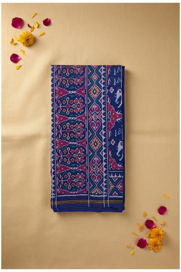 Premium Pure Silk Patola Inspired Navy Blue Saree With Traditional Elephant Motifs