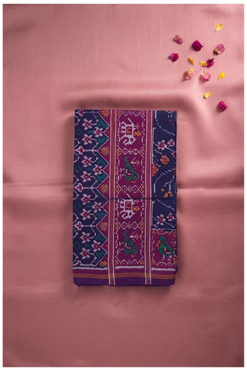 Premium Pure Silk Patola Inspired Navy Blue Saree With Elephant, Peacock & Floral Heritage Motifs