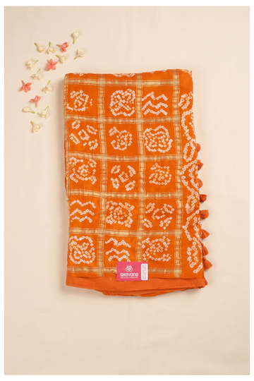 Vibrant Orange Bandhani Saree With Zari Grid Work And Tassels