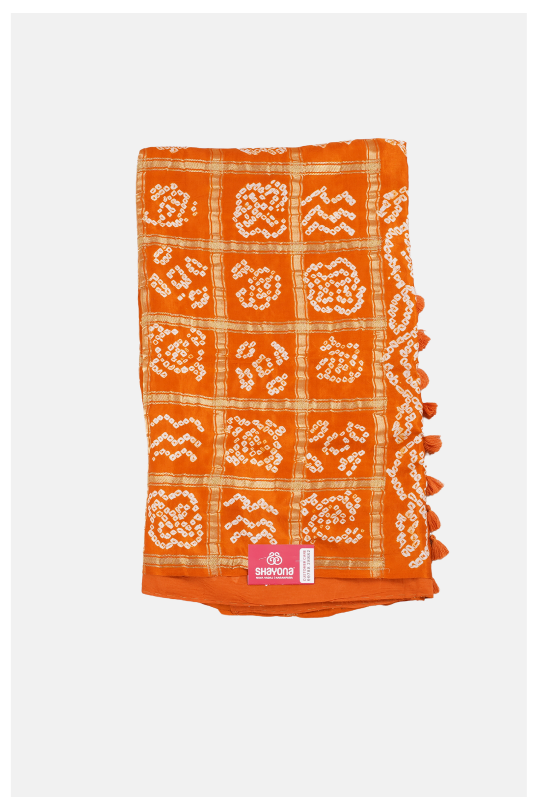 Vibrant Orange Bandhani Saree With Zari Grid Work And Tassels