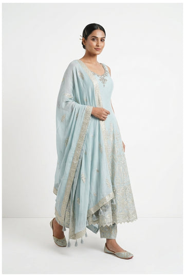 Powder Blue Zari Embroidered Anarkali Palazzo Set With Dupatta