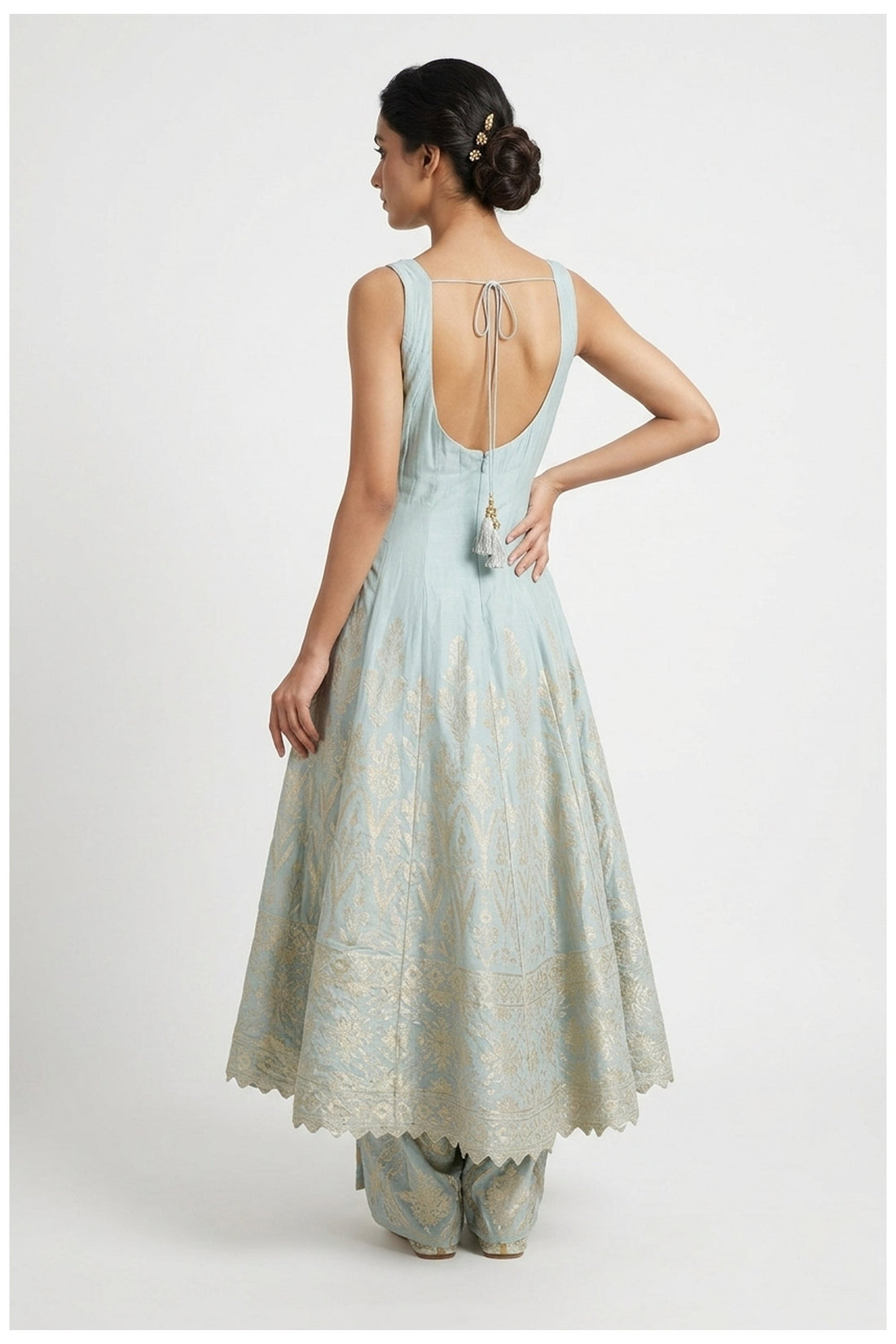 Powder Blue Zari Embroidered Anarkali Palazzo Set With Dupatta