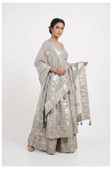 Silver Grey Zari Woven Kurta Palazzo Set With Dupatta