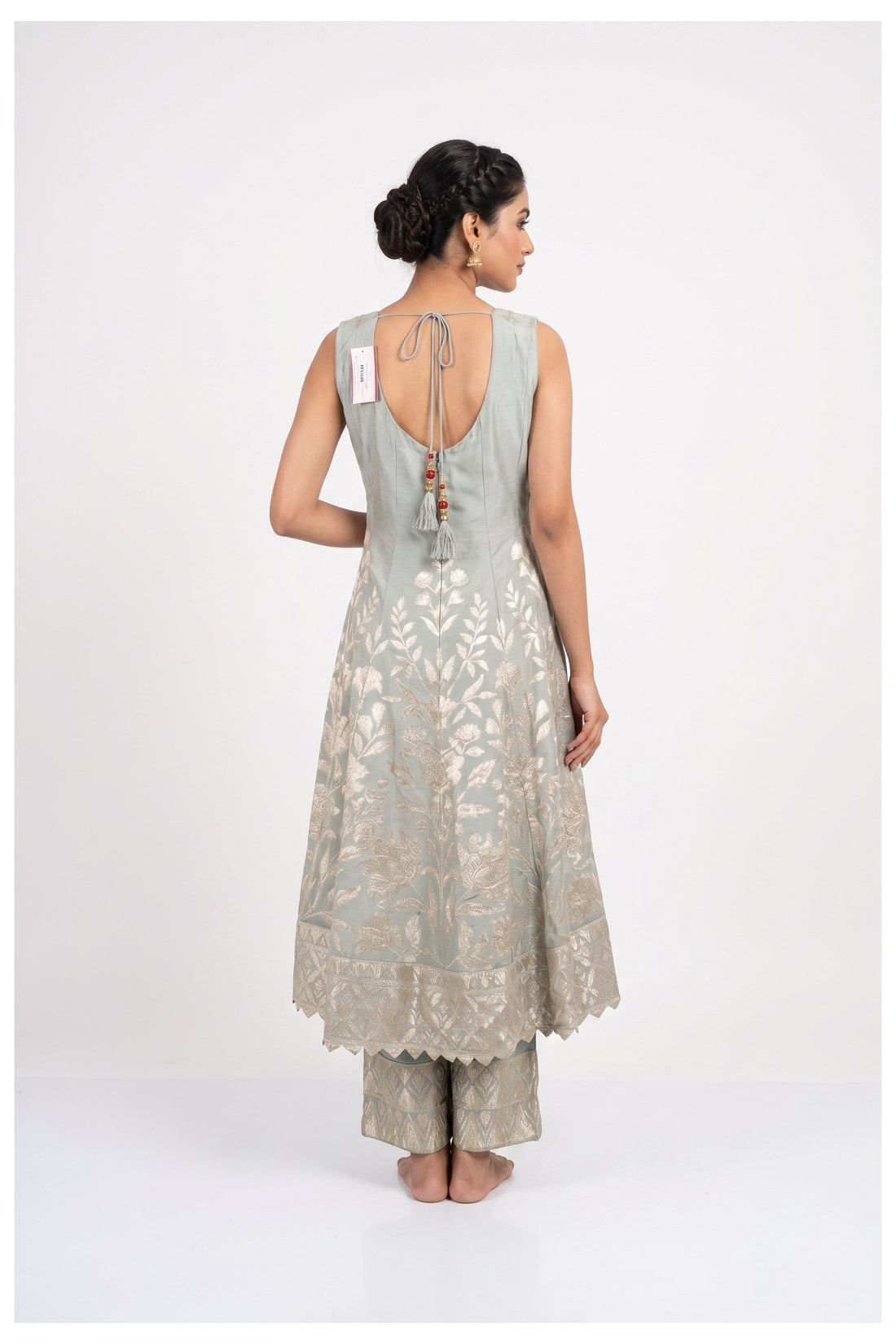 Silver Grey Zari Woven Kurta Palazzo Set With Dupatta