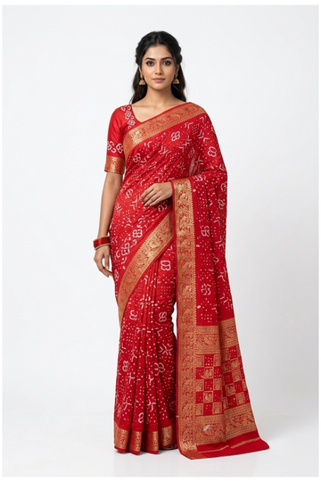 Crimson Red Bandhni Gajji Silk Wedding Party Wear Saree