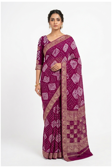 Wine Bandhni Gajji Silk Wedding Party Wear Saree