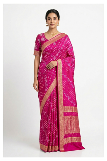 Rani Pink Bandhni Gajji Silk Wedding Party Saree