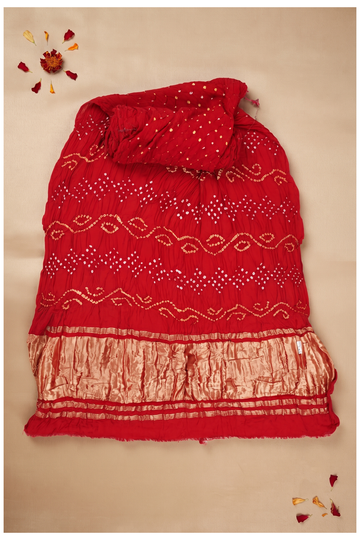 Crimson Red Bandhni Gajji Art Silk Wedding Party Wear