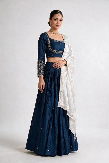 Navy Blue With White Dupatta And Gold Embroidery Chaniya Choli