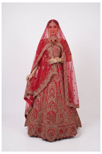 Bridal Red Heritage Embroidered Lehenga Choli With Net Dupatta
