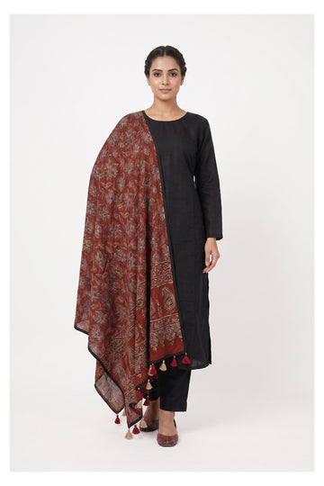 Classic Black Kurta Set With Rust Floral Printed Dupatta