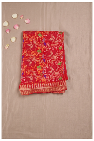 Vibrant Red Banarasi Georgette Saree With Floral Jaal And Bandhani Print