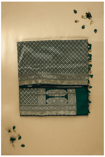 Premium Banarasi Pure Silk Emerald Green Jaal Saree With Zari Floral Weaving