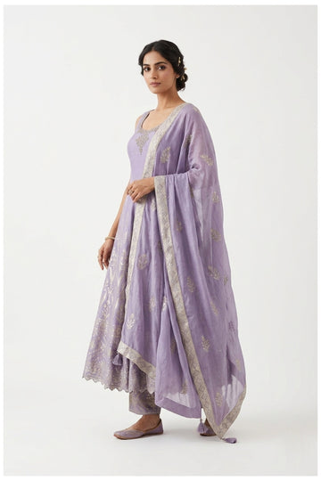 Lavender Zari Woven Anarkali Palazzo Set With Dupatta