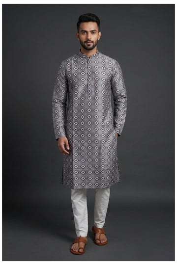 Charcoal Grey Geometric Patterned Men'S Kurta