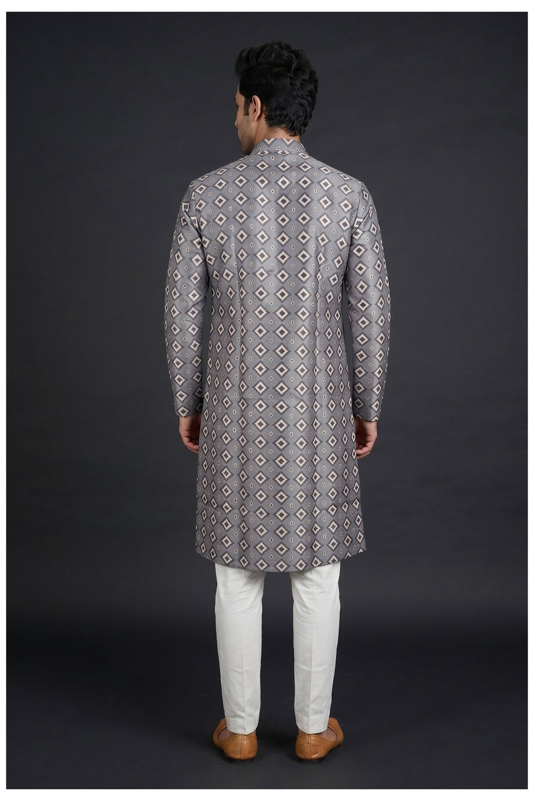 Charcoal Grey Geometric Patterned Men'S Kurta