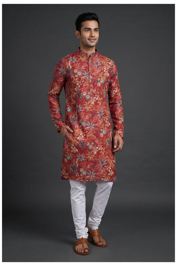 Maroon Floral Printed Men'S Kurta
