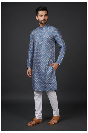 Slate Blue Patterned Men'S Kurta