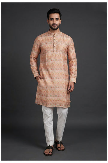Beige Printed Men'S Kurta