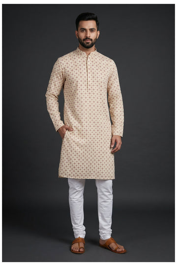Off White Printed Men'S Kurta