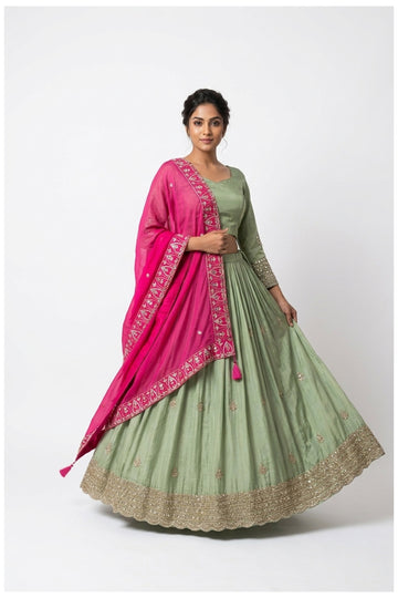 Sage Green Lehenga Choli With Pink Embroidered Dupatta