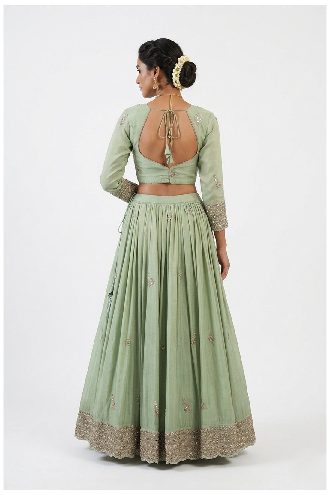 Sage Green Lehenga Choli With Pink Embroidered Dupatta