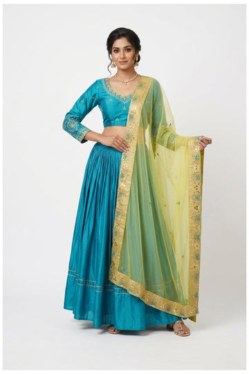 Turquoise Blue Lehenga Choli With Lime Net Dupatta