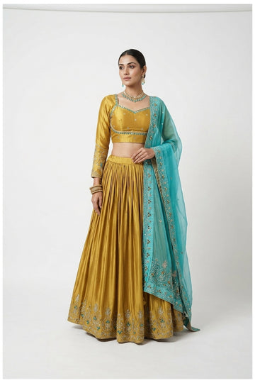 Mustard Yellow Silk Lehenga Choli With Aqua Blue Dupatta