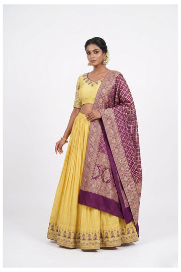 Yellow Silk Lehenga Choli With Purple Banarasi Dupatta
