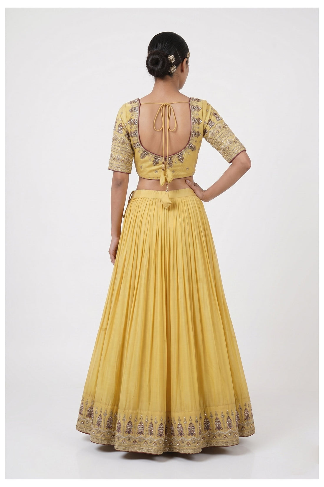 Yellow Silk Lehenga Choli With Purple Banarasi Dupatta
