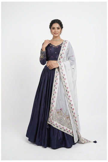 Navy Blue Silk Lehenga Choli With Ivory Embroidered Dupatta