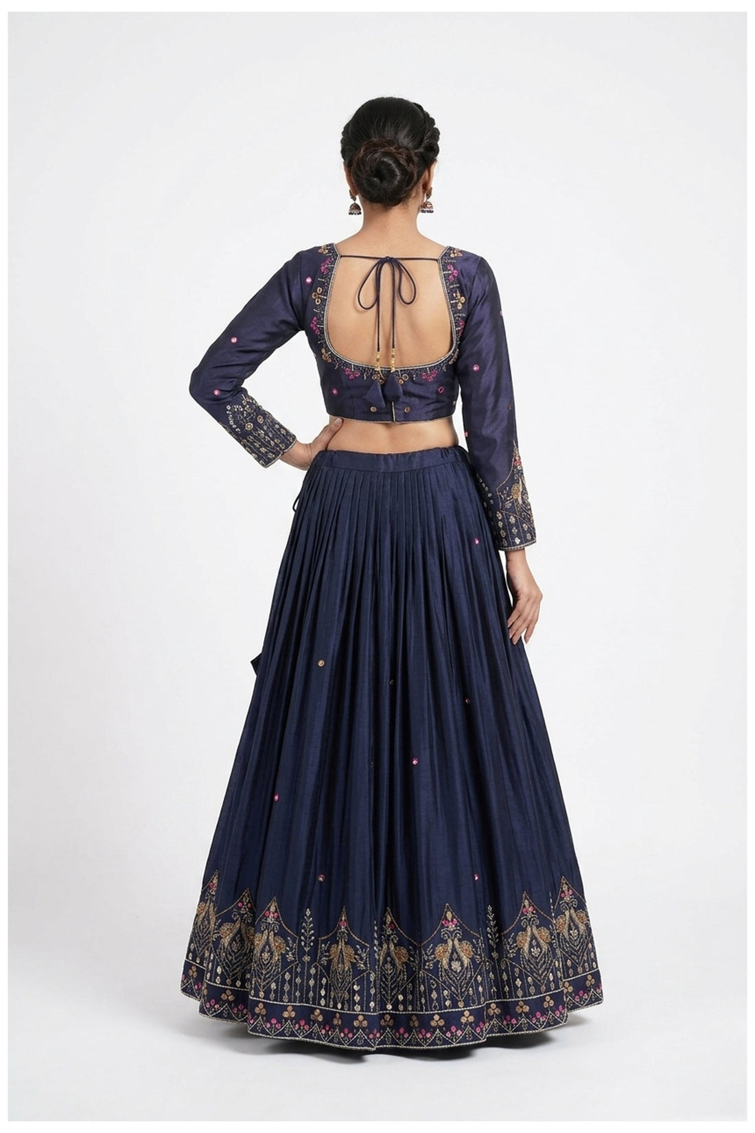 Navy Blue Silk Lehenga Choli With Ivory Embroidered Dupatta
