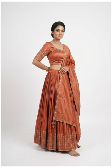 Rust Copper Silk Lehenga Choli With Embroidered Dupatta