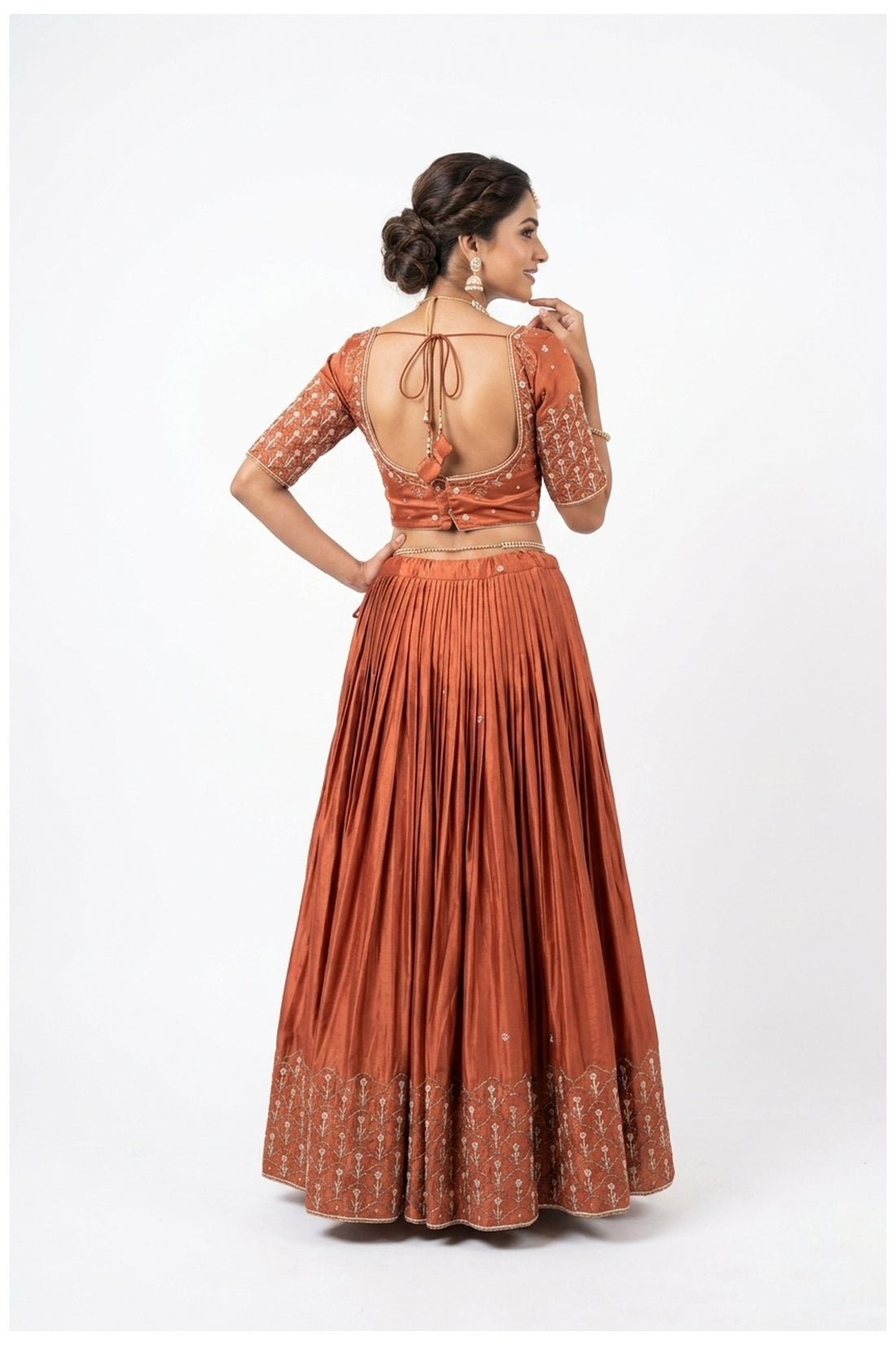 Rust Copper Silk Lehenga Choli With Embroidered Dupatta
