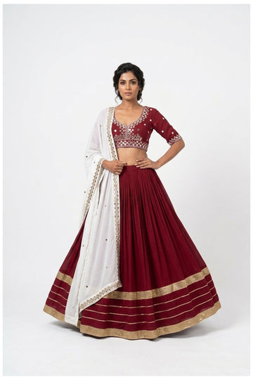 Wine Red Embroidered Lehenga Choli With White Dupatta