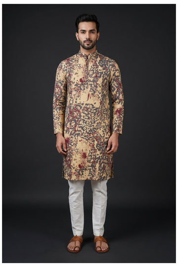 Light Mustard Printed Men'S Kurta