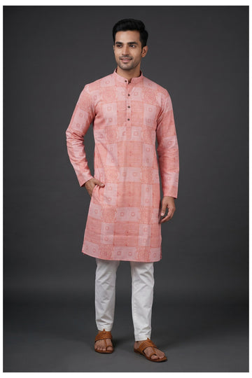 Coral Pink Printed Men'S Kurta