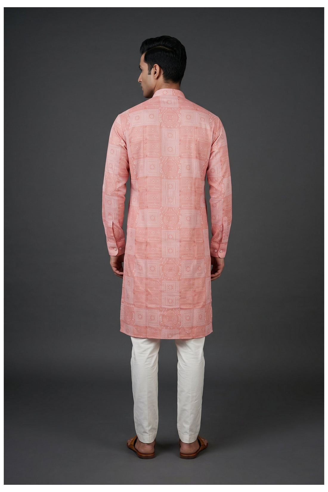 Coral Pink Printed Men'S Kurta