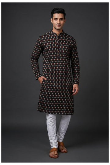 Black Abstract Printed Men'S Kurta